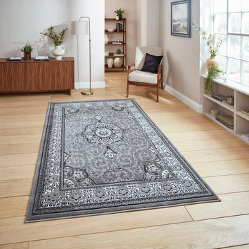 Heritage 4400 Traditional Medallion Floral Tonal Vine Border Soft Carved Hi-Low Durable Polypropylene Dark Grey/Silver/Charcoal/White Rug-Think Rugs-Rug Love - The Most Loved Rug Store